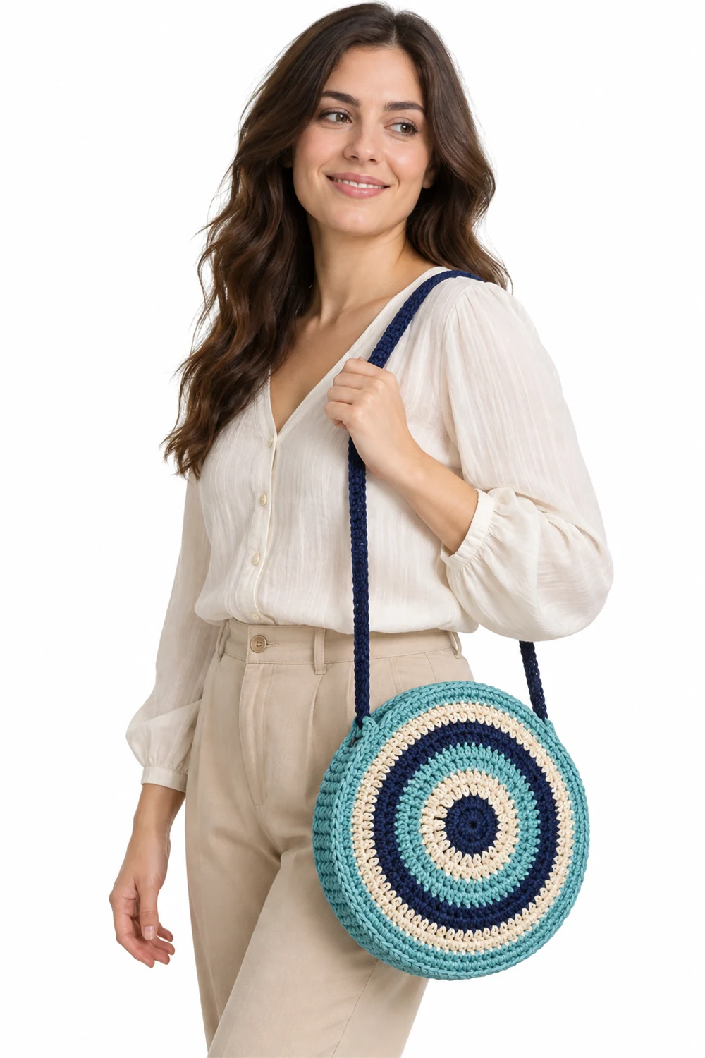 Aqua crochet shoulder bag with concentric tide ring texture