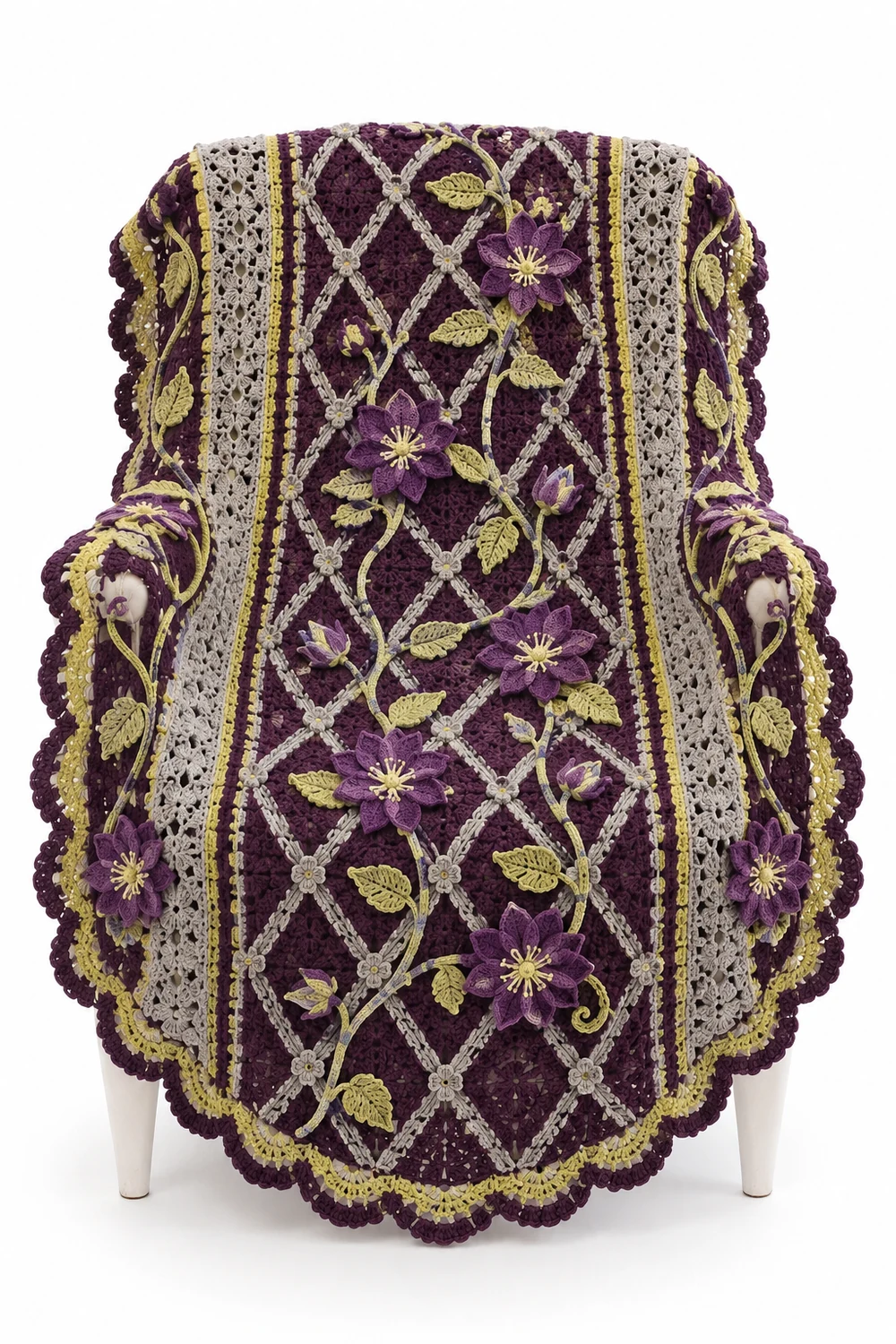 Aubergine oval crochet blanket with clematis star trellis motif