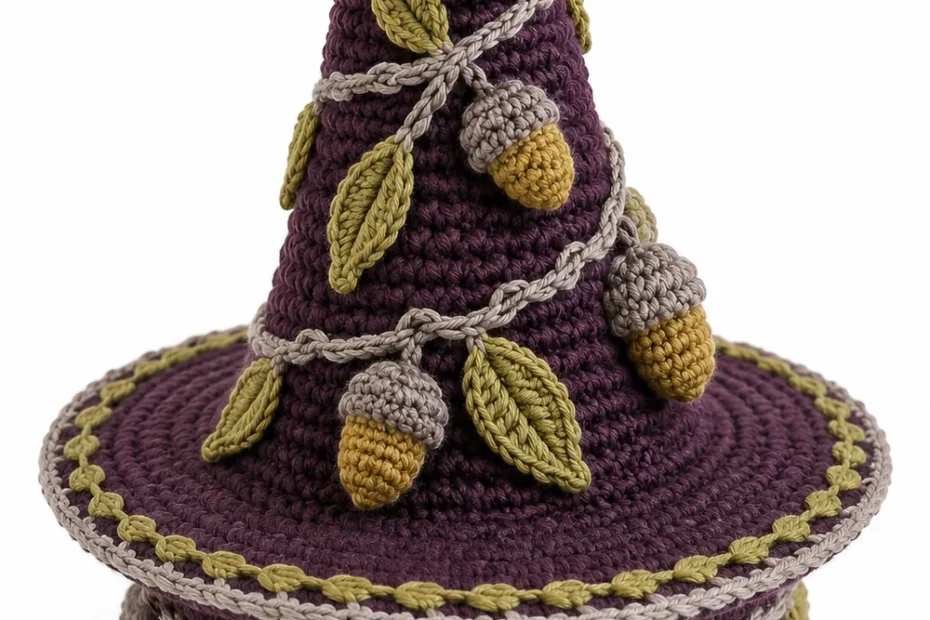 Aubergine crochet witch hat basket in fluted acorn cup relief