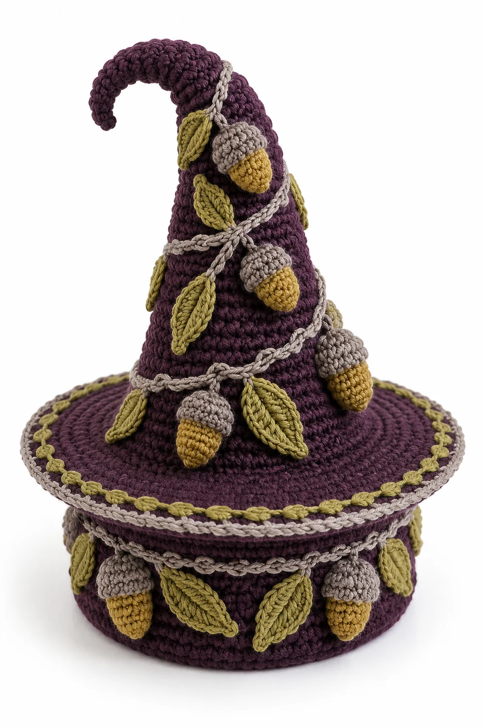 Aubergine crochet witch hat basket in fluted acorn cup relief