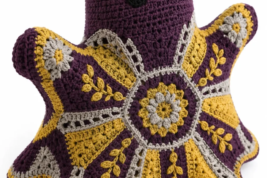 Aubergine crochet ghost cushion in folded kite tessellations