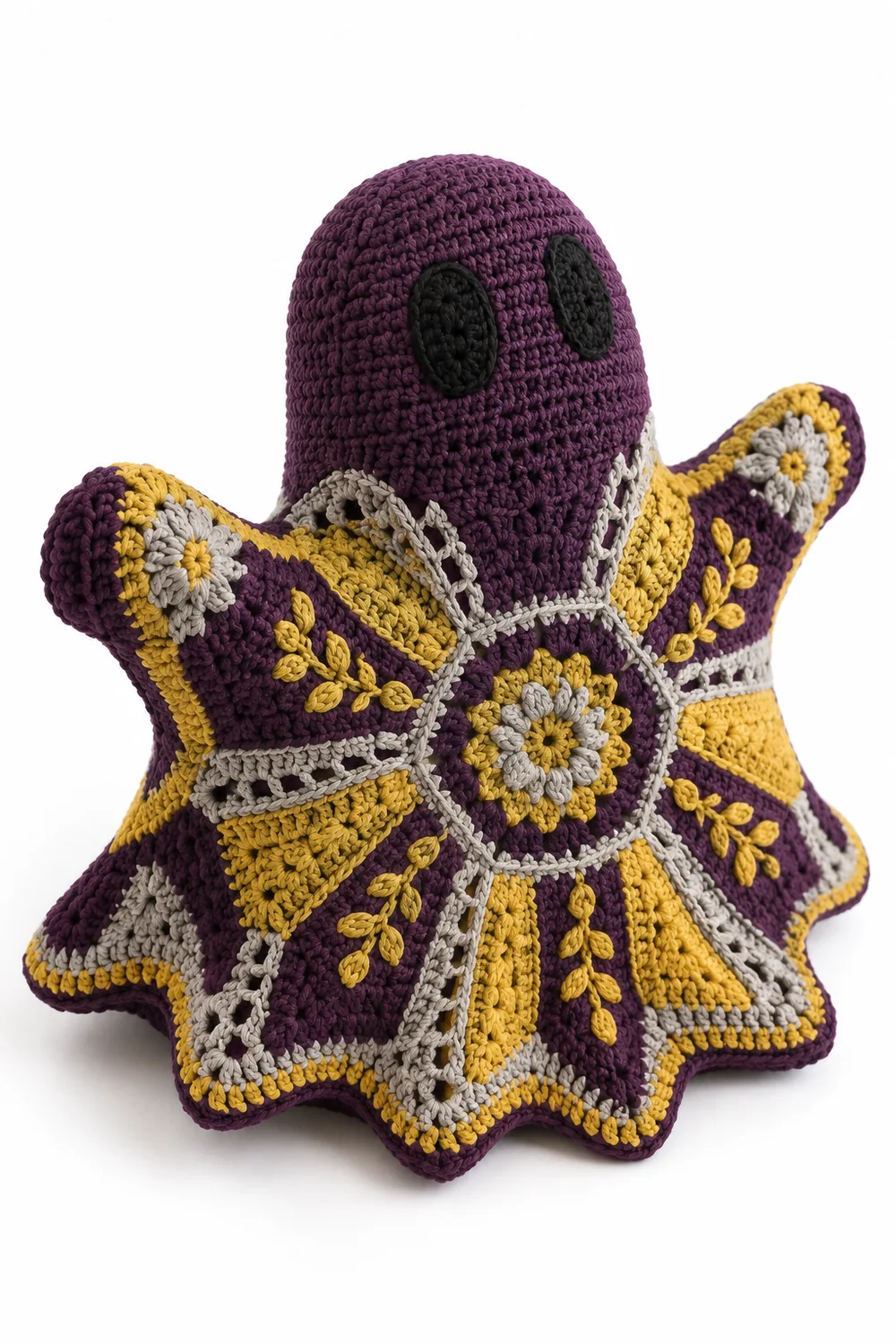 Aubergine crochet ghost cushion in folded kite tessellations