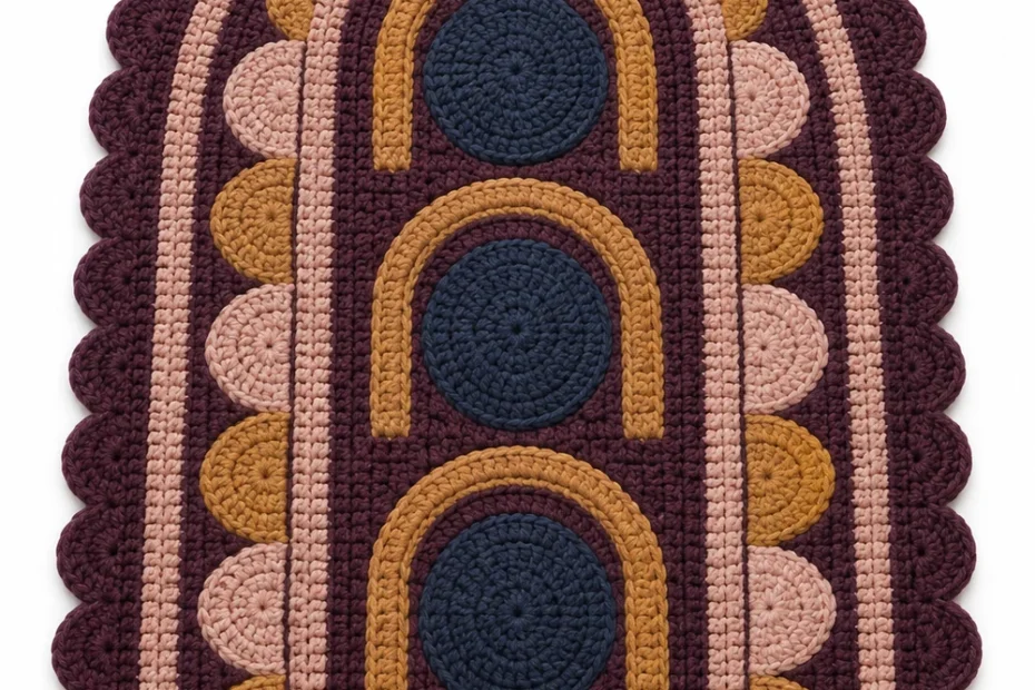 Aubergine arched crochet rug with cobblestone mosaic and scalloped edge