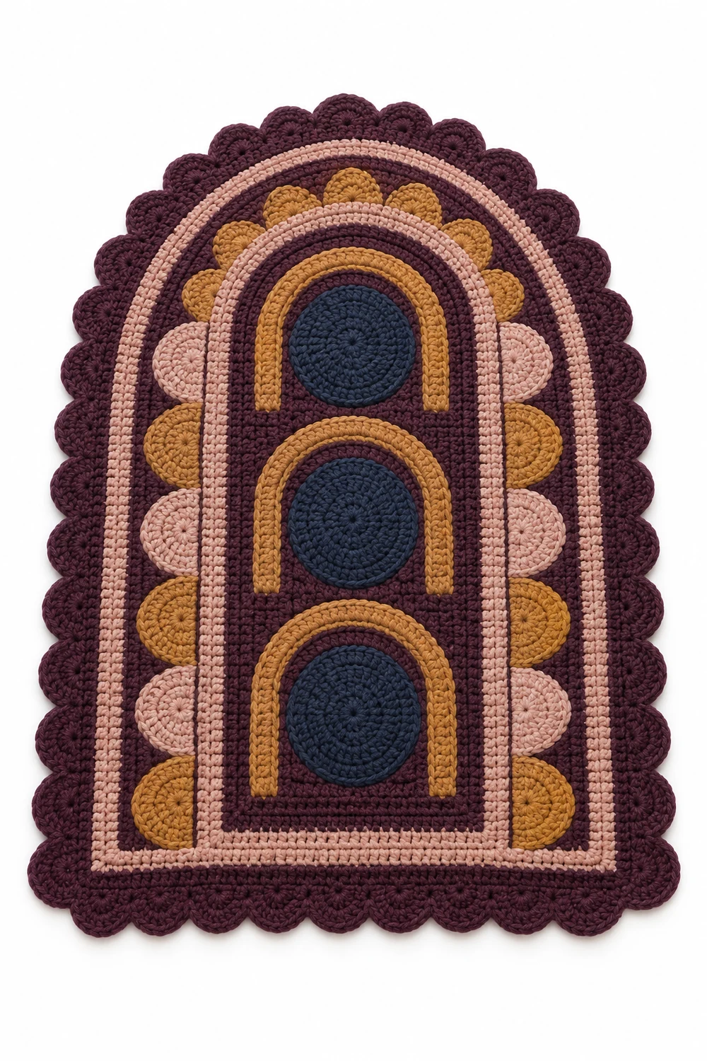 Aubergine arched crochet rug with cobblestone mosaic and scalloped edge