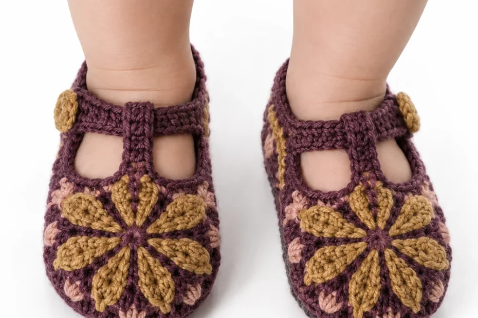 Aubergine crochet baby T-strap shoes with compass petal pattern