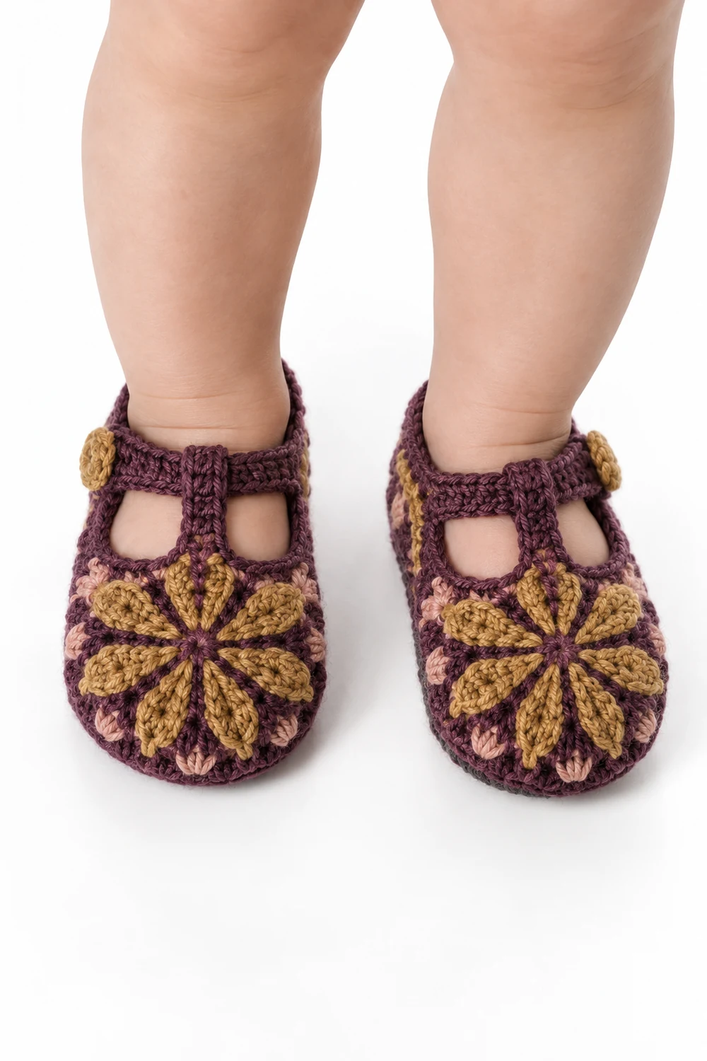 Aubergine crochet baby T-strap shoes with compass petal pattern