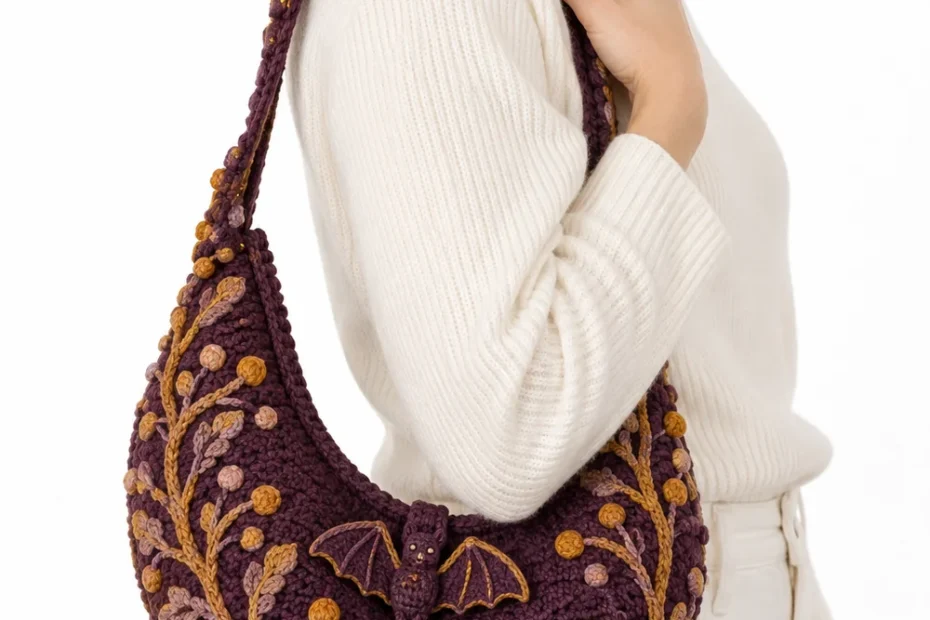Aubergine crochet crescent moon shoulder pouch with bat clasp and seed beadwork