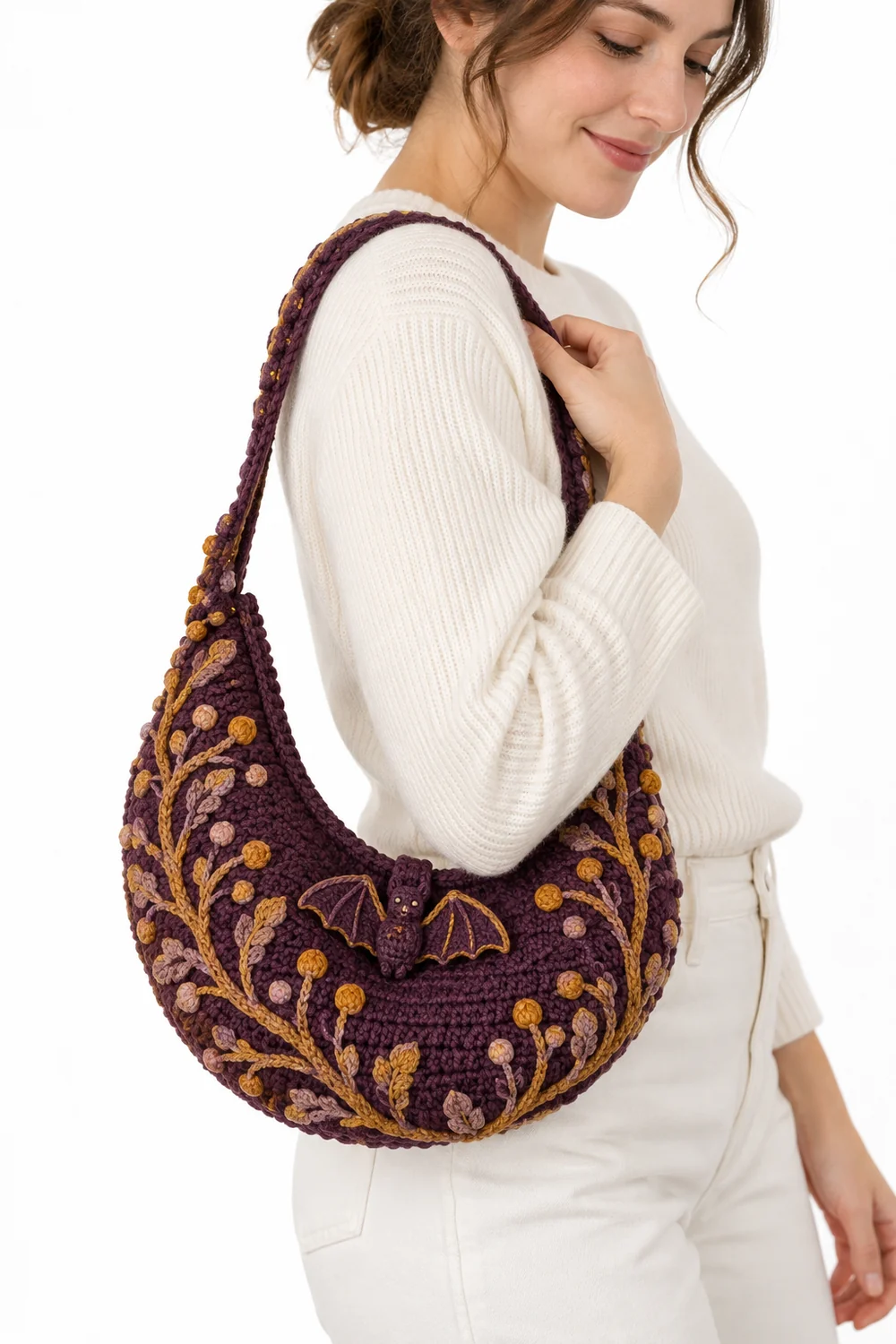 Aubergine crochet crescent moon shoulder pouch with bat clasp and seed beadwork
