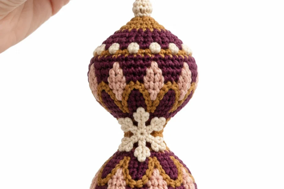Aubergine crochet hourglass ornament with snowflake waist