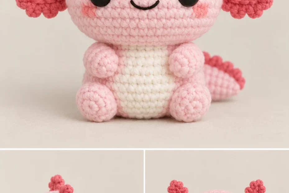 Pink crochet baby axolotl amigurumi with feathery gills