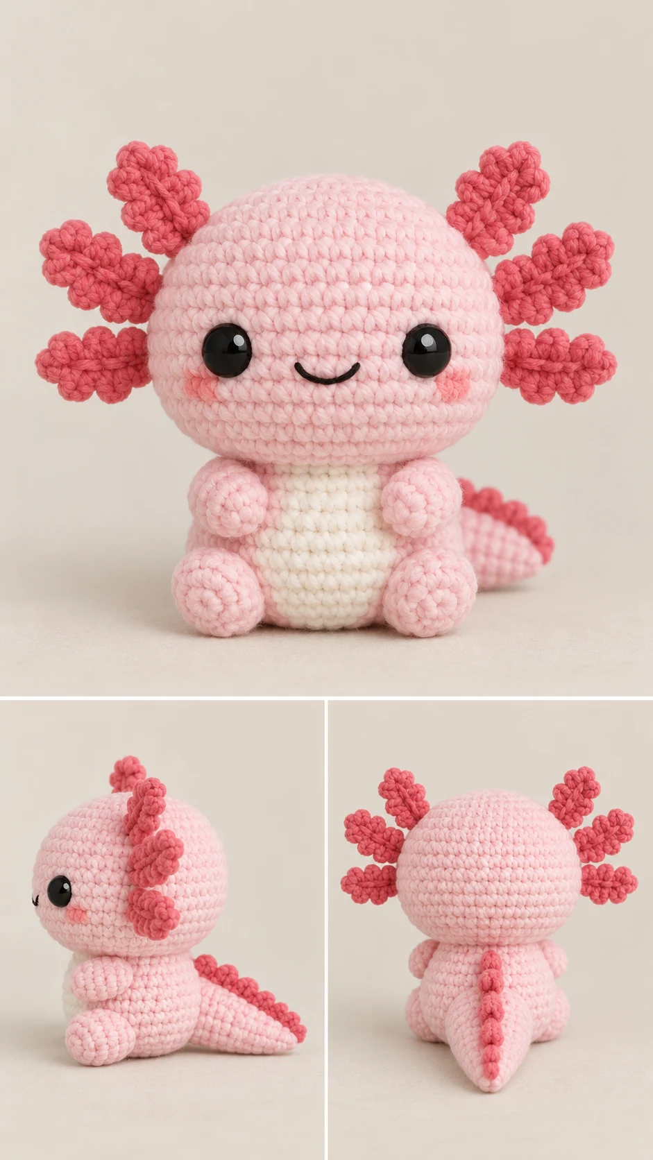 Pink crochet baby axolotl amigurumi with feathery gills
