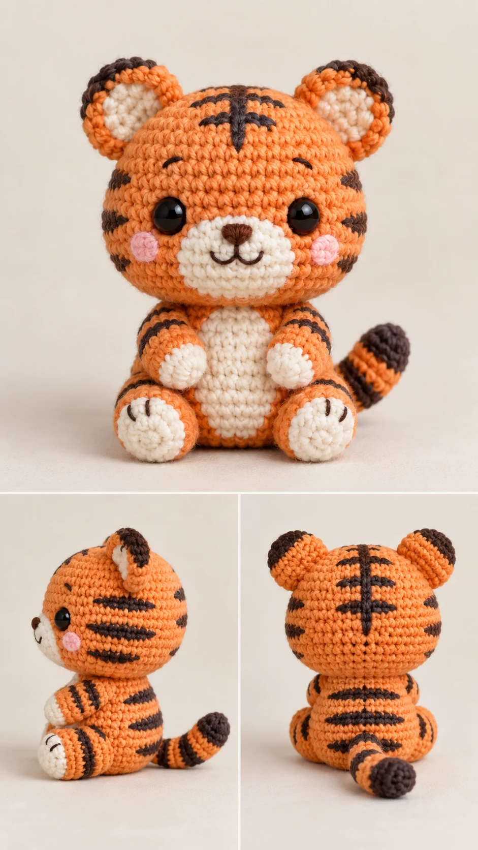 Orange crochet baby tiger cub amigurumi with stripes