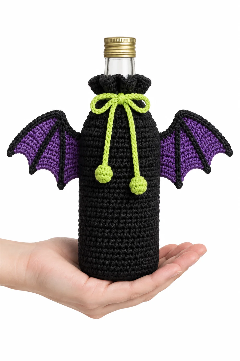 Crochet bottle holder with bat wing details