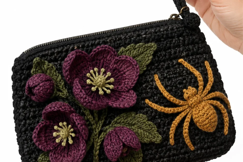 Black crochet wrist pouch with dark hellebore flowers