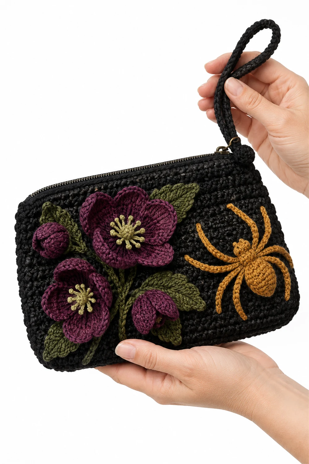 Black crochet wrist pouch with dark hellebore flowers