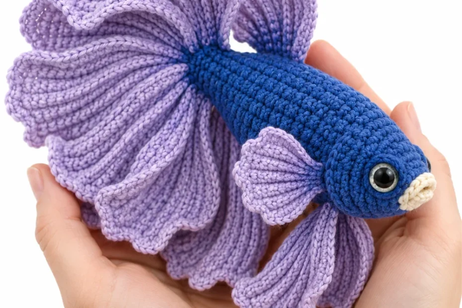 Blue crochet betta fish amigurumi with flowing fan fins