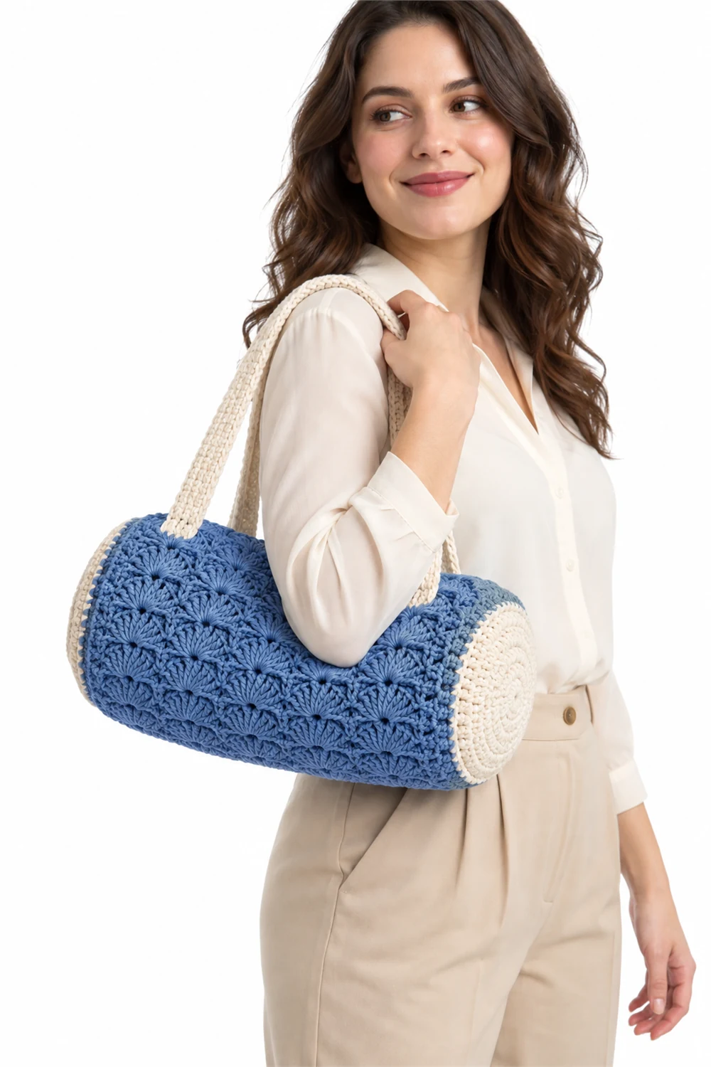 Blue crochet barrel bag with scallop shell ridge texture