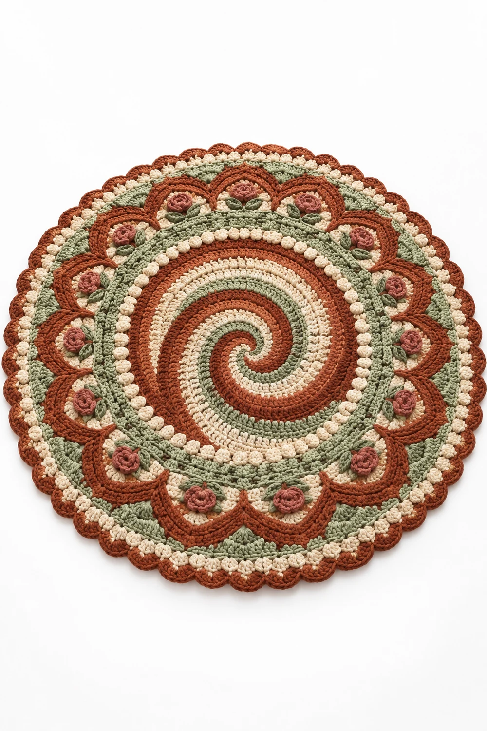 Large circular crochet rug in burnt sienna with spiral mosaic panels
