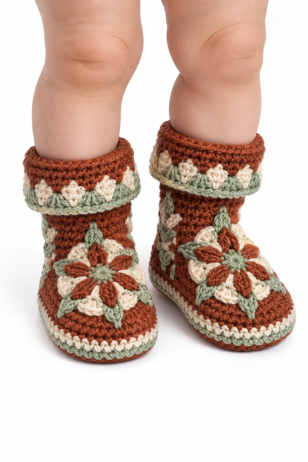 Burnt sienna crochet baby ankle boots with folded cuffs