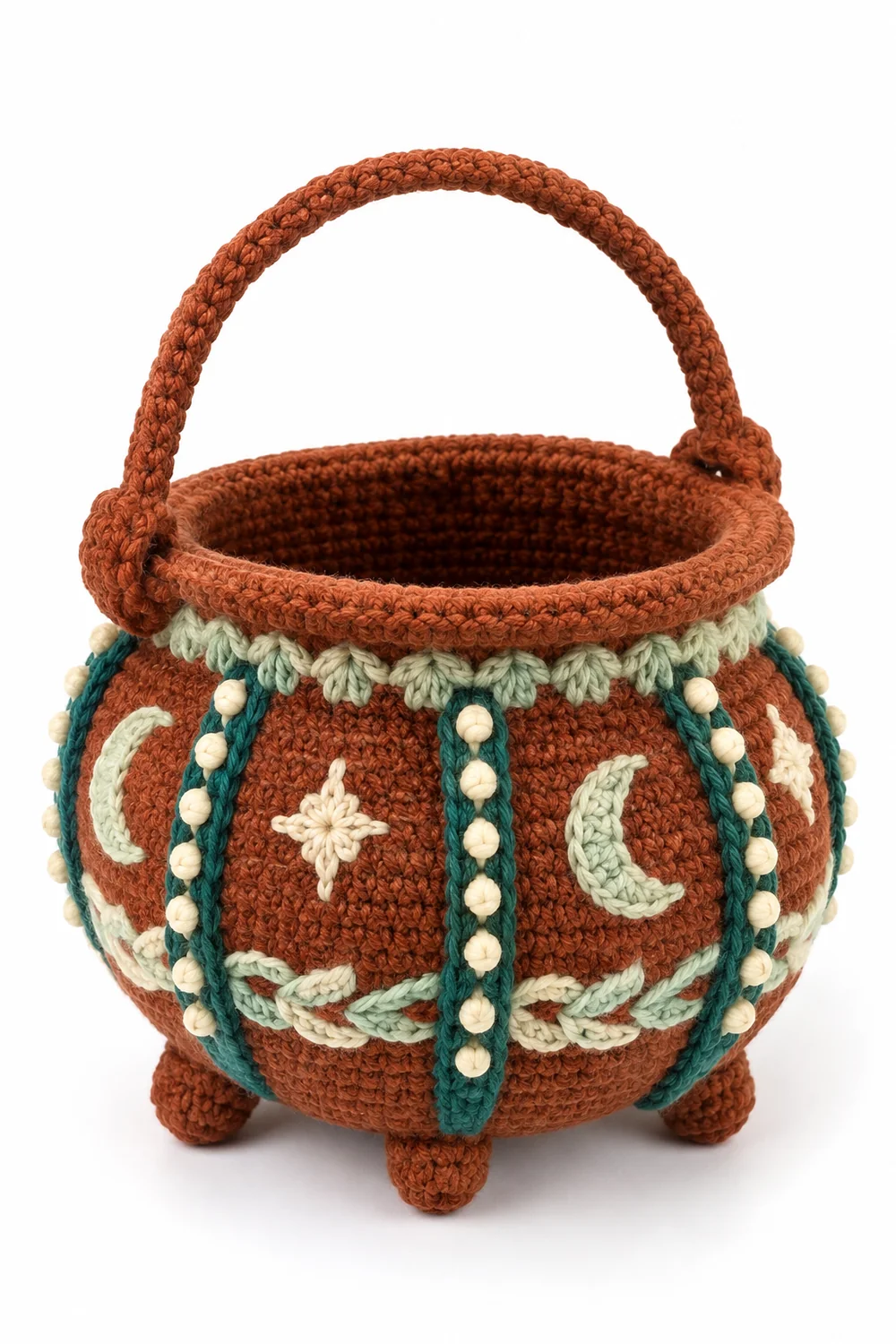 Burnt sienna crochet cauldron treat basket with seed beadwork