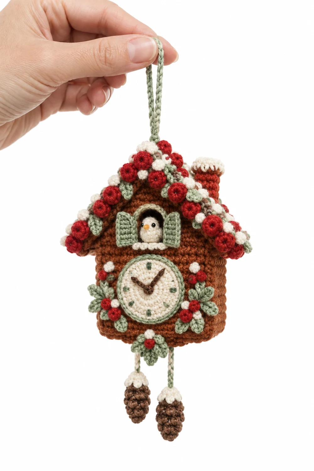 Crochet cuckoo clock ornament with berry roof