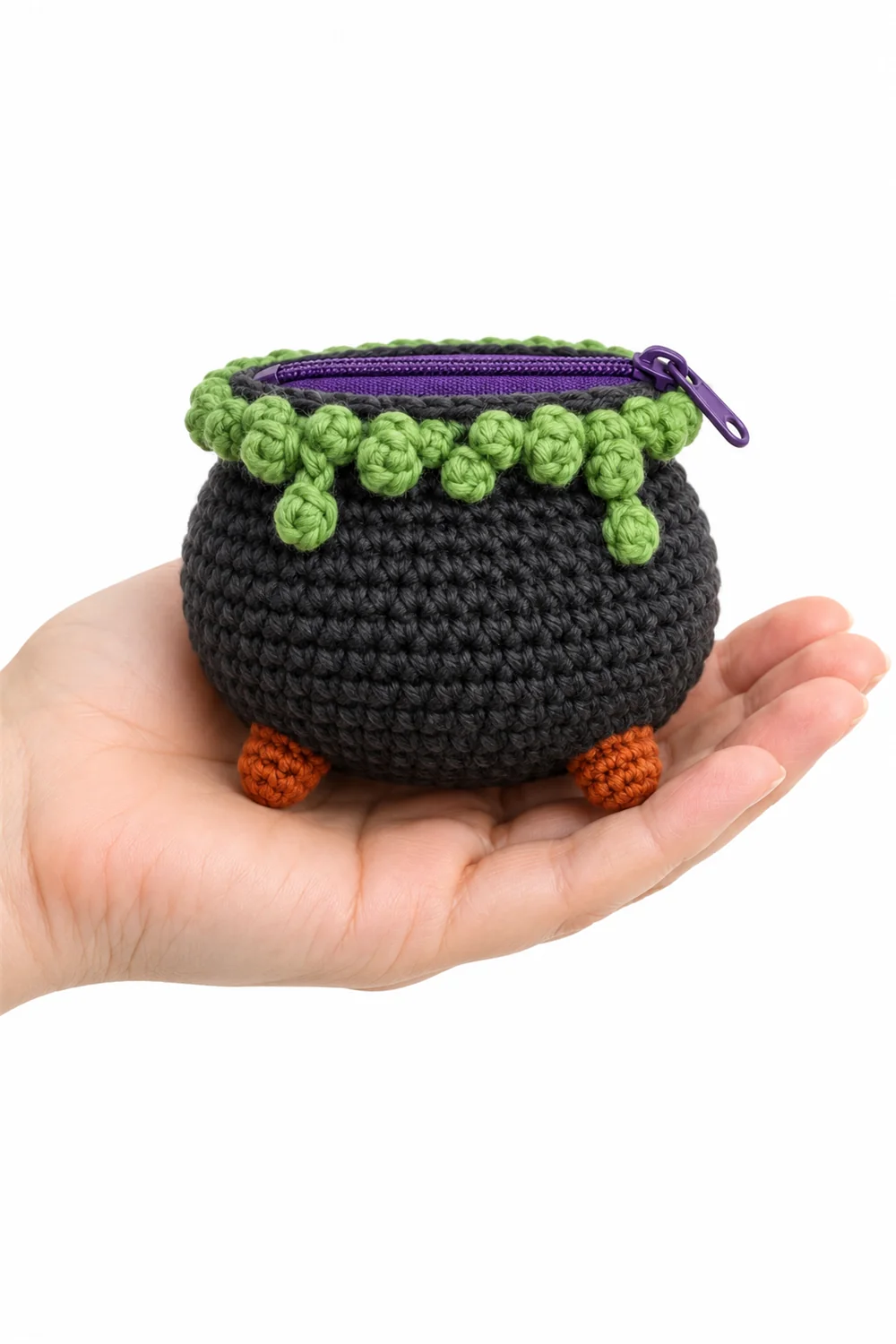 Crochet coin purse shaped like a witch cauldron