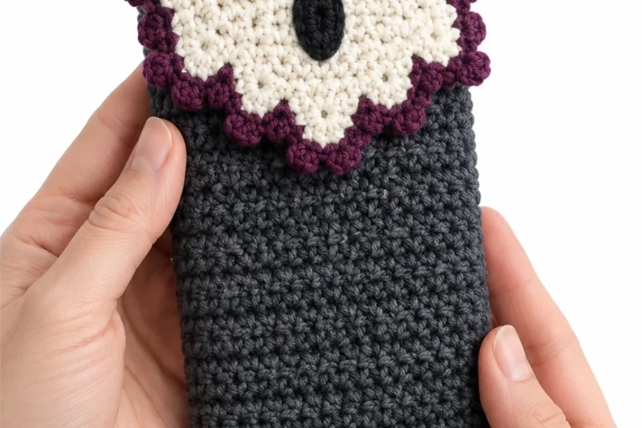 Charcoal gray crochet glasses sleeve with ghost motif