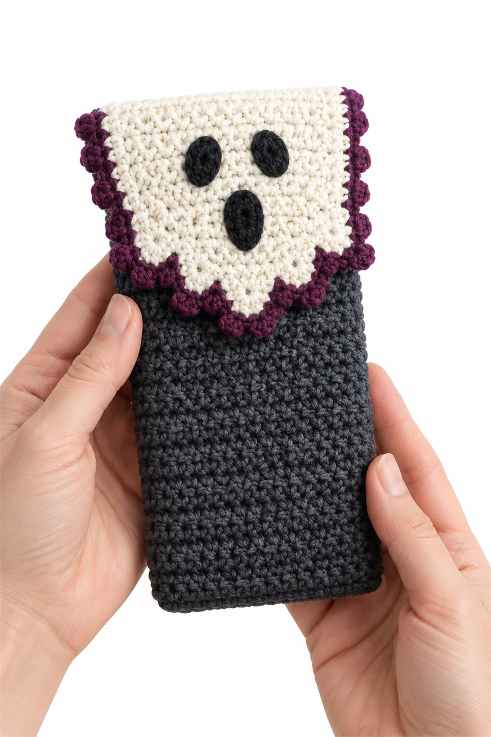 Charcoal gray crochet glasses sleeve with ghost motif