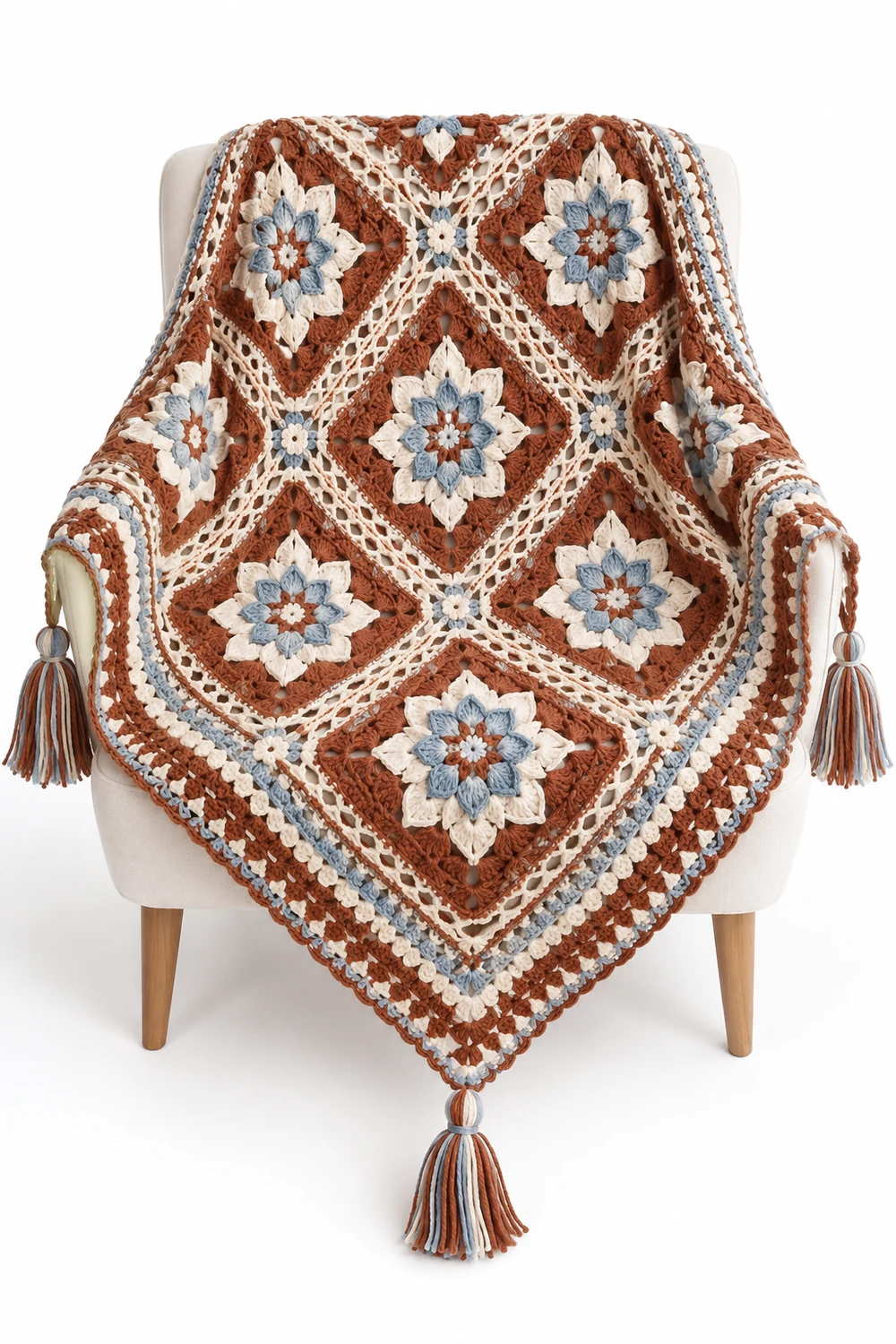 Cinnamon crochet blanket with clematis star pattern and tassel fringe