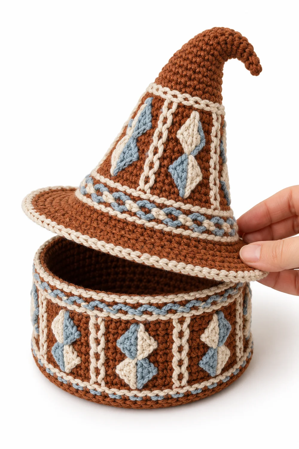 Cinnamon crochet witch hat basket in folded kite tessellations