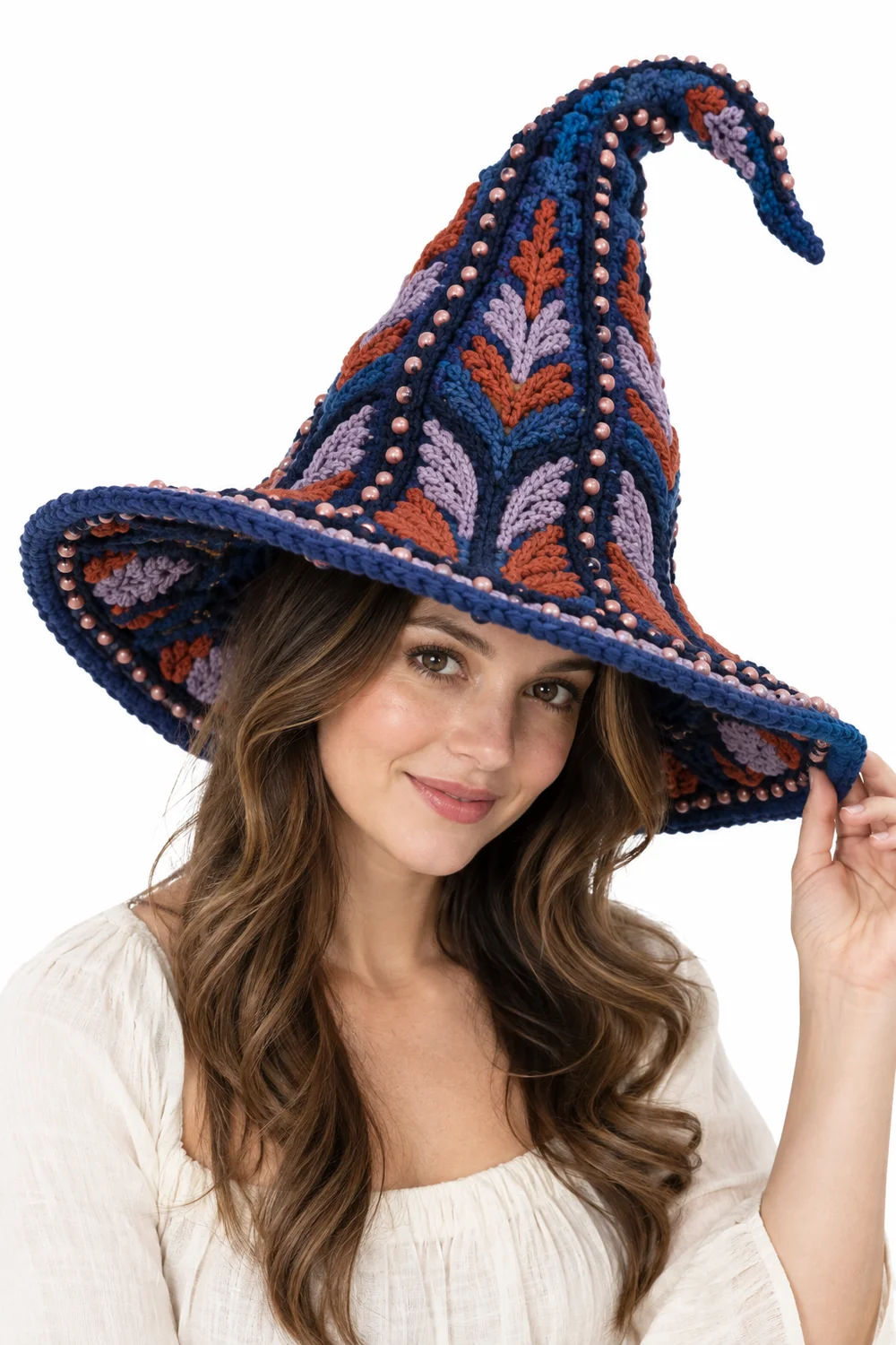 Cobalt blue crochet pointed witch hat headpiece with seed beadwork