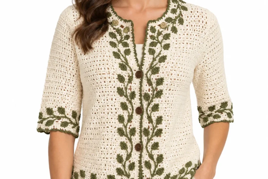 Cream crochet cardigan with olive vine pattern