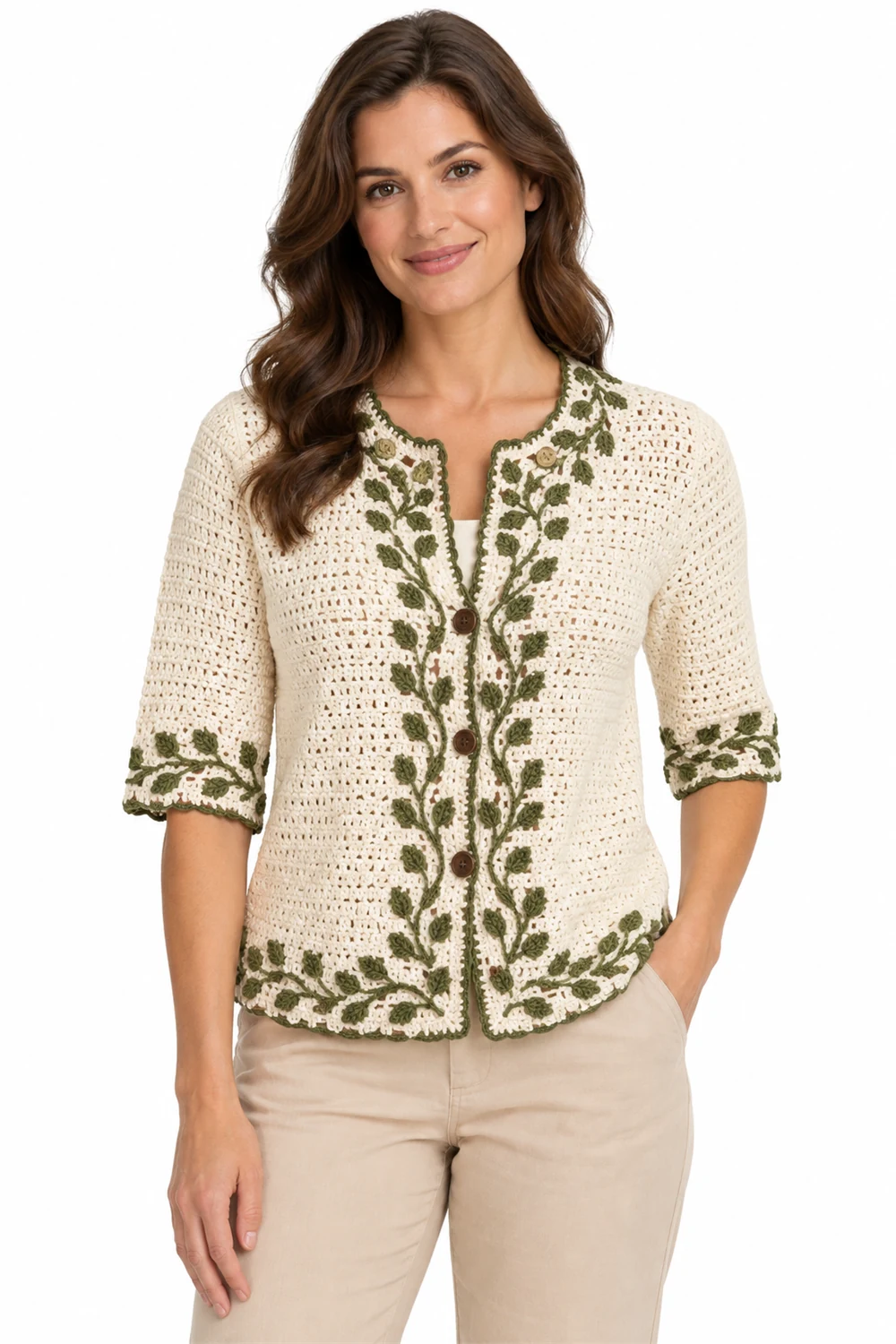 Cream crochet cardigan with olive vine pattern