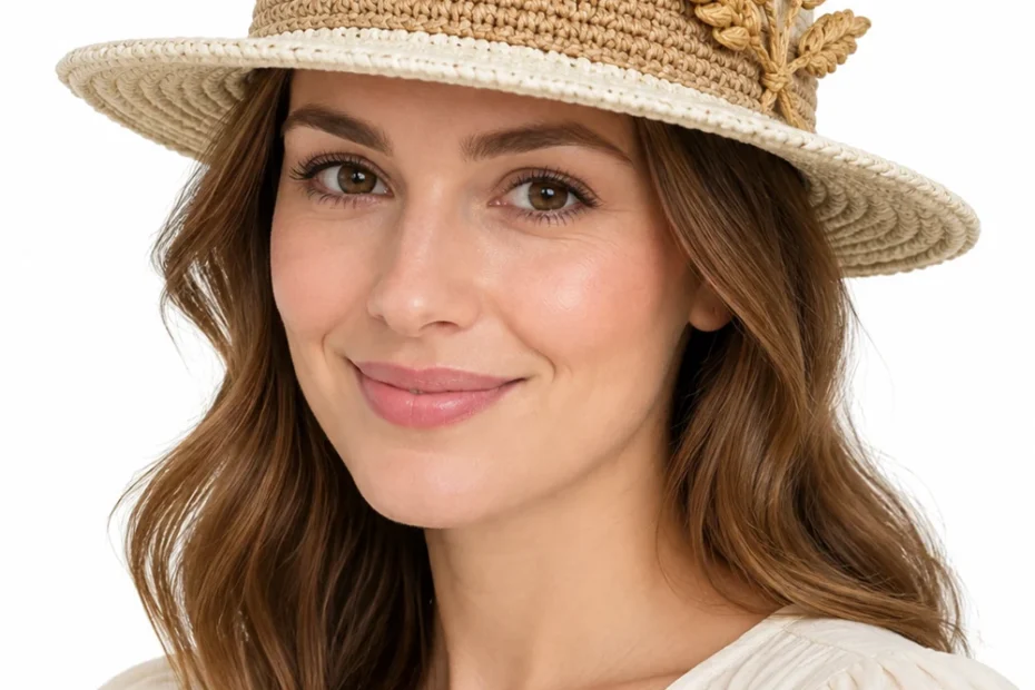 Cream crochet boater hat with wheat motif band