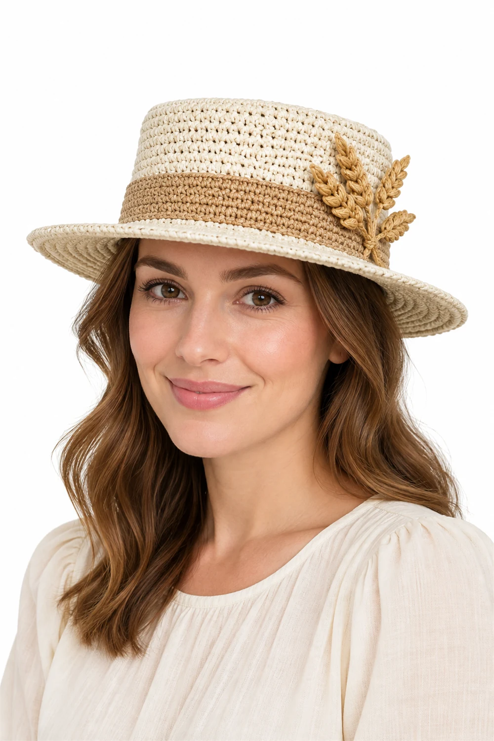 Cream crochet boater hat with wheat motif band