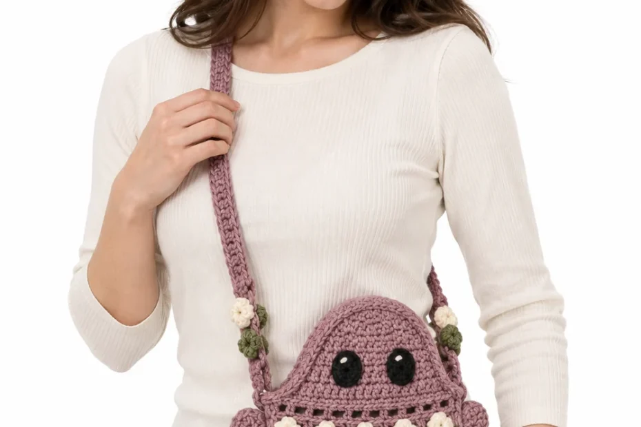 Dusty mauve crochet ghost-shaped crossbody pouch with bubble borders