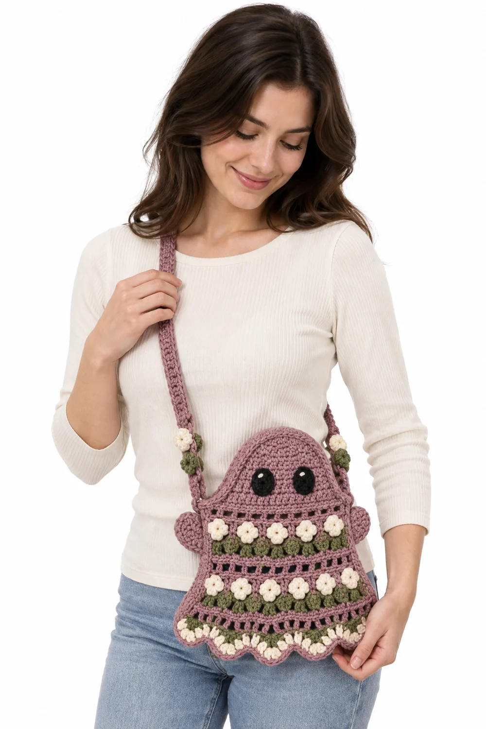 Dusty mauve crochet ghost-shaped crossbody pouch with bubble borders
