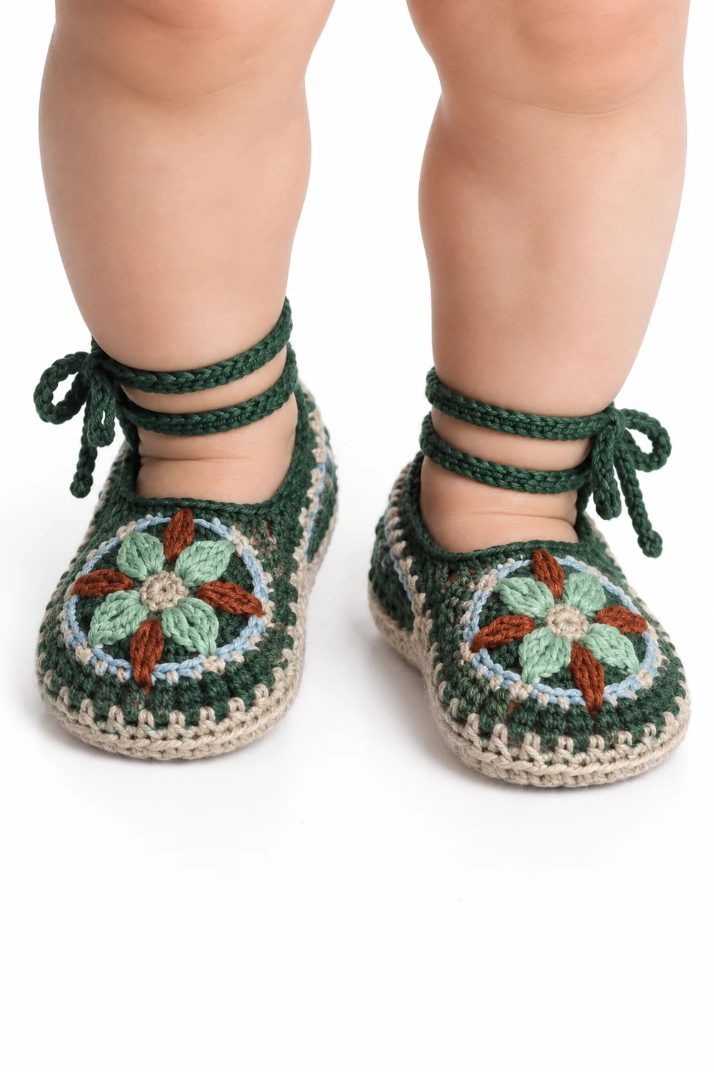 Forest green crochet baby slippers with double ankle ties
