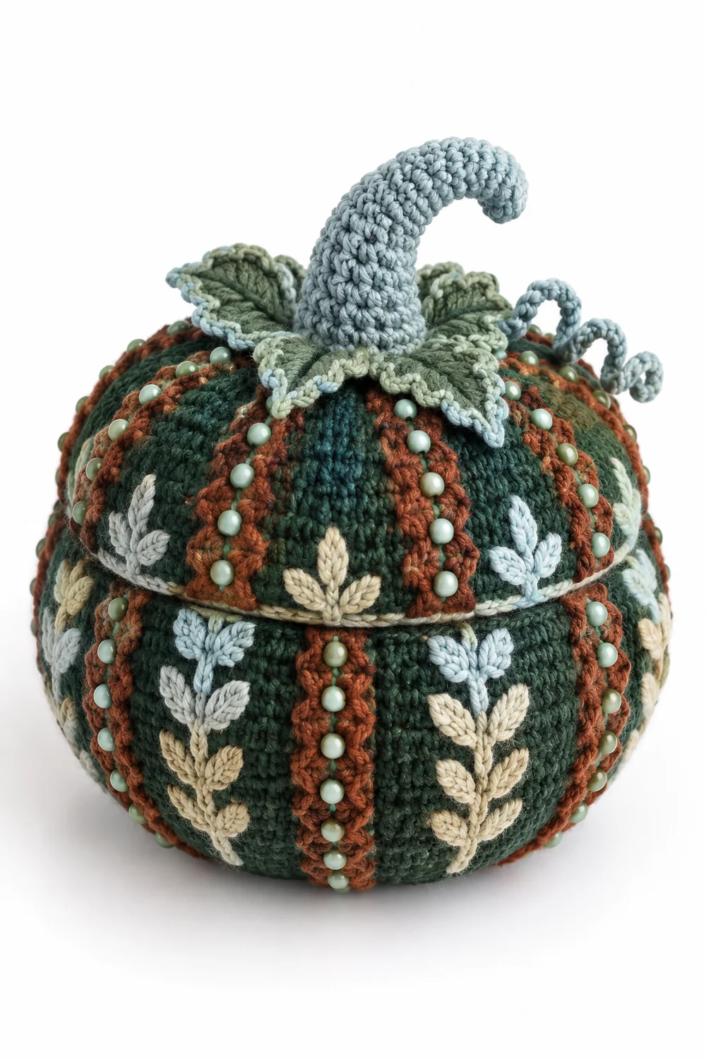 Forest green crochet gothic pumpkin lidded box with seed beadwork