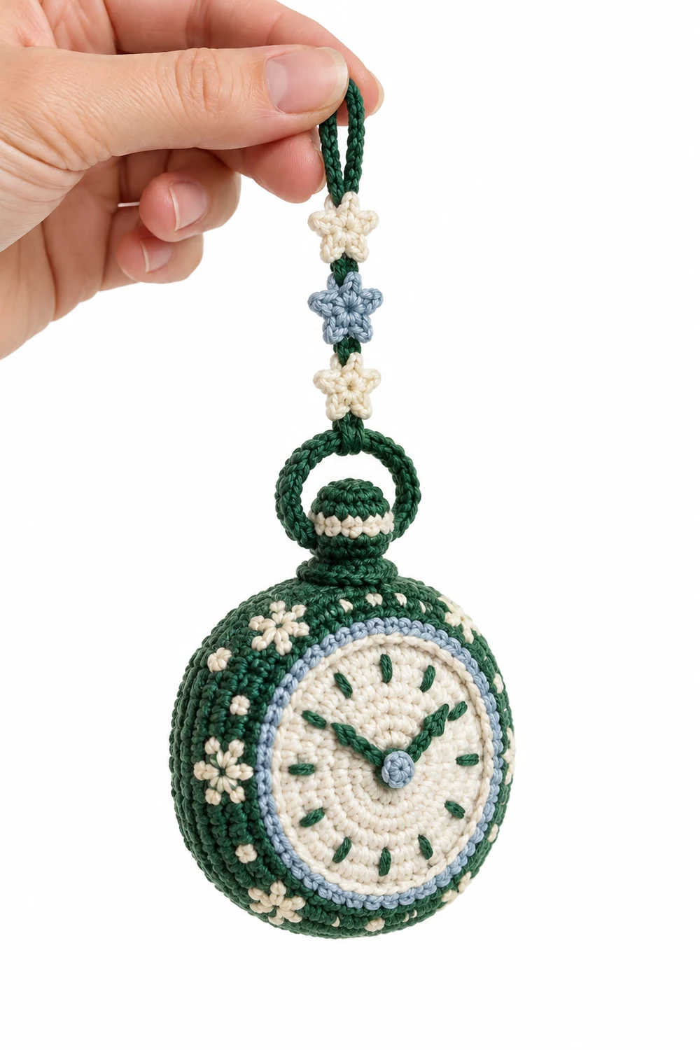 Forest green crochet pocket watch ornament with star chain