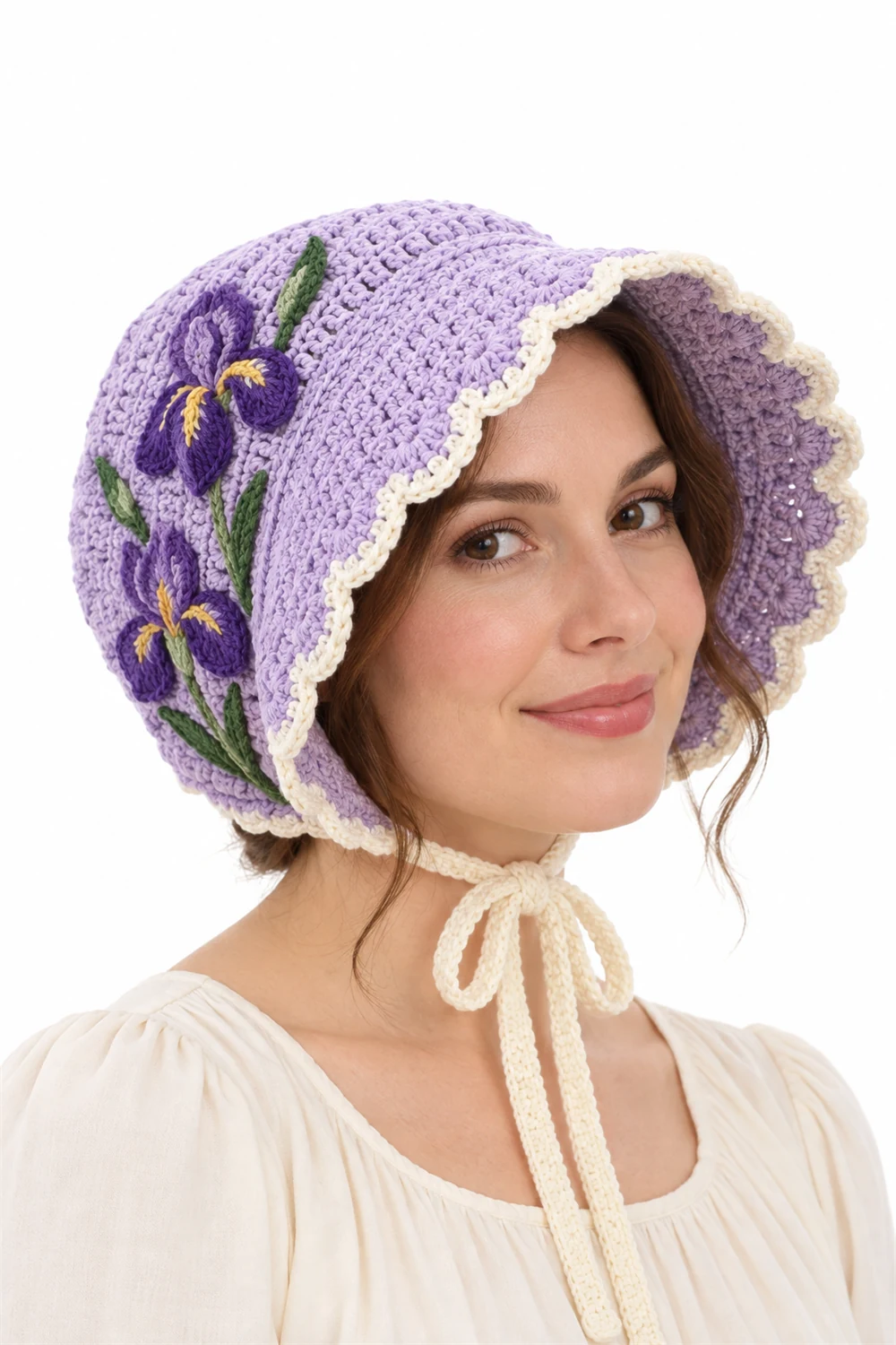 Lilac crochet sunbonnet with iris flower details