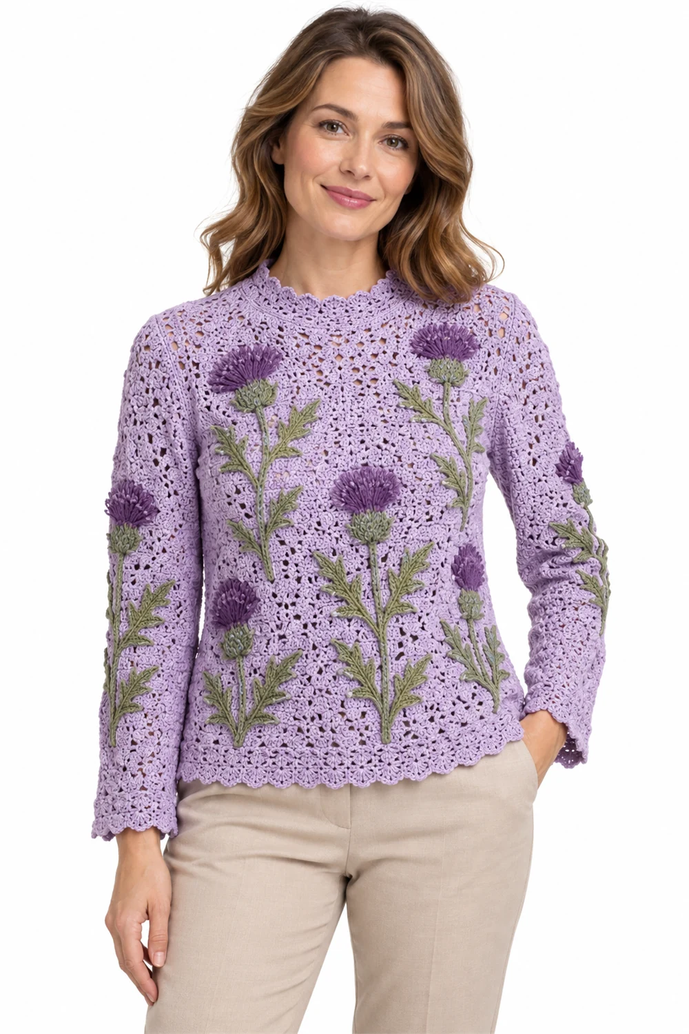 Lilac crochet blouse with thistle flower motifs
