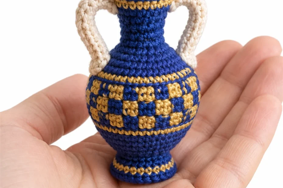 Miniature cobalt blue crochet amphora with twin handles