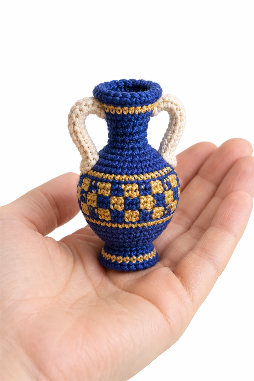 Miniature cobalt blue crochet amphora with twin handles