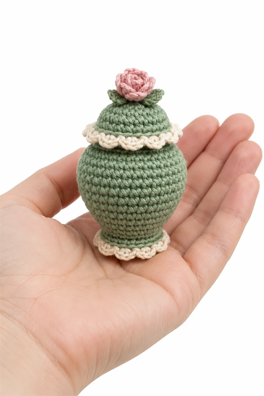 Miniature jade green crochet lidded urn