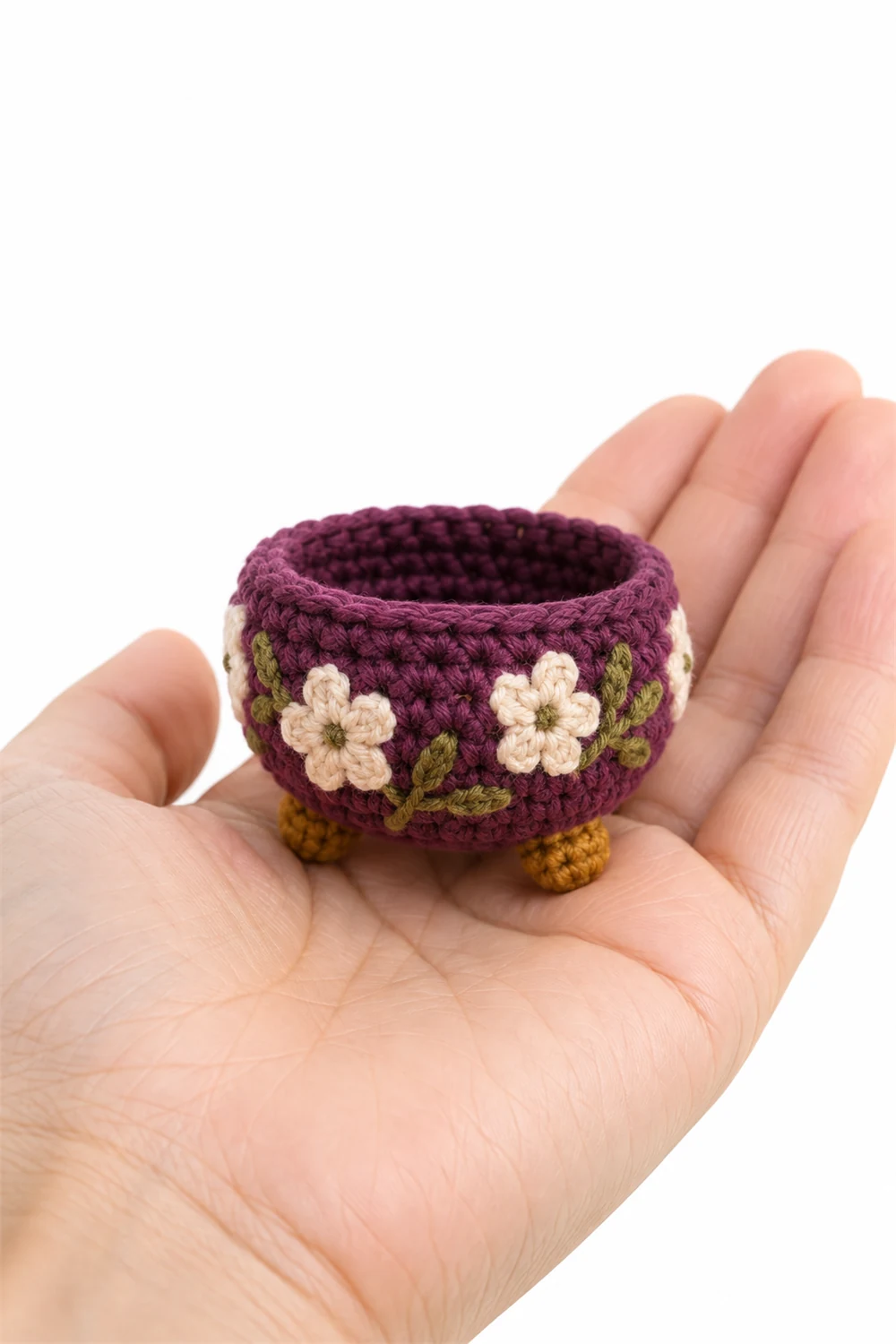Miniature plum crochet bowl with pale rim