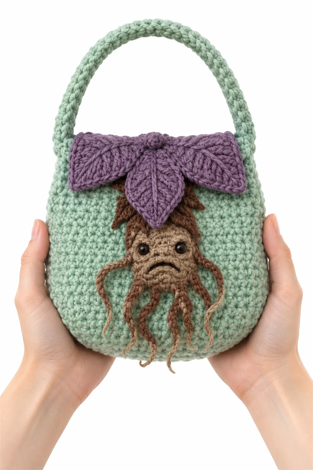 Mint green crochet purse with mandrake root motif