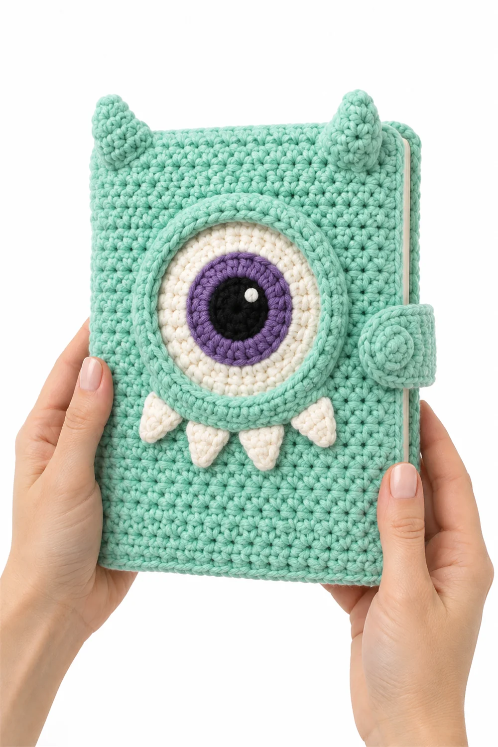 Mint green crochet notebook cover with friendly monster face