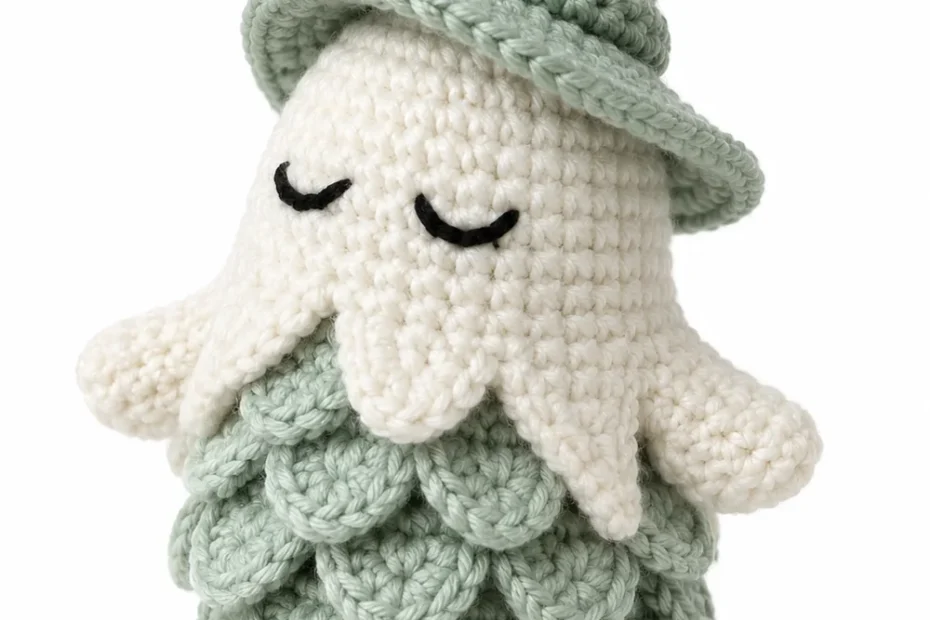 Mint green crochet ghost with pinecone-textured body for Halloween
