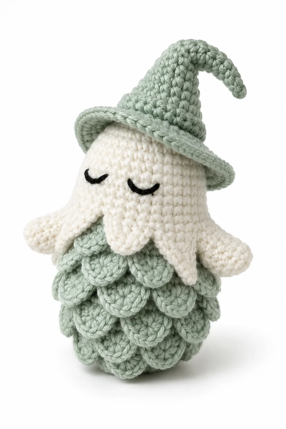 Mint green crochet ghost with pinecone-textured body for Halloween